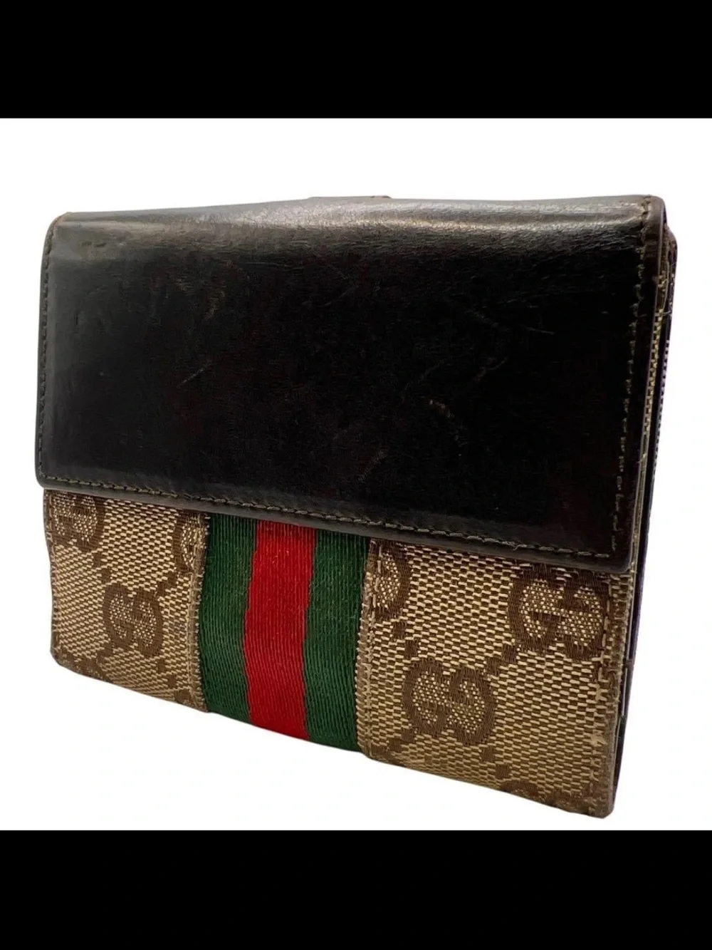 Gucci Brown GG Canvas Card Holder with Green Stripe and Black Trim